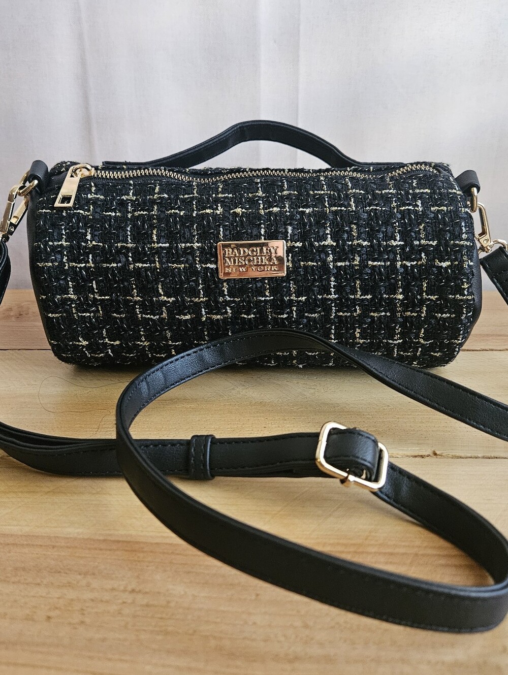 Badgley Mischka Black Tweed Mini Barrel Bag with Gold Hardware